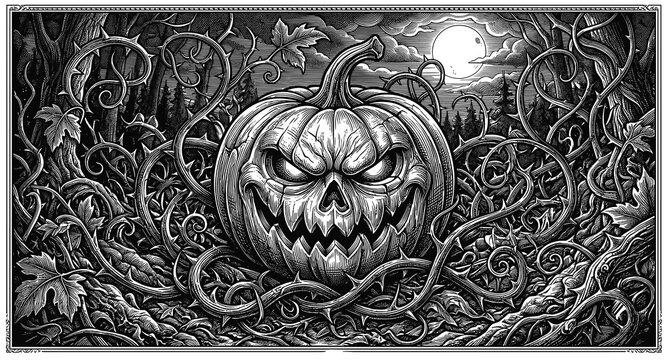 Spooky Halloween pumpkin with glowing eyes and twisted vines in a dark mystical forest under a full moon