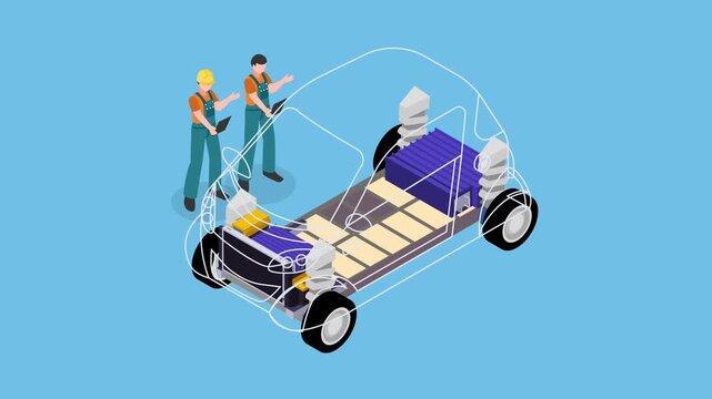 Isometric Electric Car Chassis Structure and Engineers Concept 3d animation cartoon