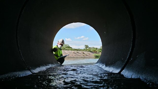 Water Quality Engineer Conducting Drainage Pipeline Inspection for Environmental Monitoring
