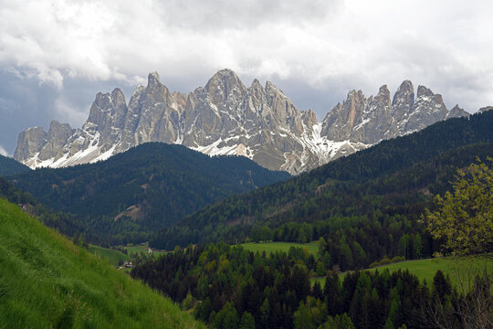 The Odle Group in the Puez-Odle Nature Park, located between Val Gardena and Val di Funes, a Unesco World Heritage Site.	