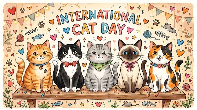 International cat day celebration banner with five cute kittens, international