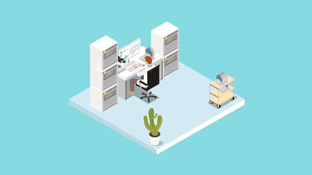 Semiconductor Design Lab and Engineer Working at Workstation Isometric Concept 3d animation cartoon