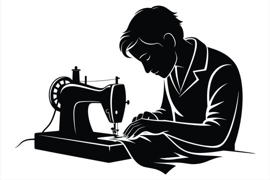 Black and white of a person sitting at a sewing machine working on a piece of fabric in a workshop tailor