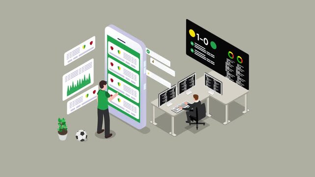 Online Sports Betting App Development and Live Analytics Isometric Concept 3d animation cartoon