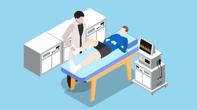 Isometric Doctor Examining Patient Knee Injury in Hospital Clinic Room 3d animation cartoon