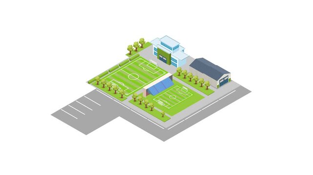 Isometric Football Club Training Facility Complex with Soccer Fields and Parking Lot 3d animation cartoon