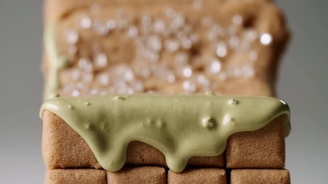 Stacked square biscuits with pale green icing dripping over edges and coarse sugar crystals scattered across top, showing close-up food texture, crisp surface, neutral studio styling