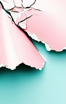A close-up view of a cracked and peeling pink and blue wall surface