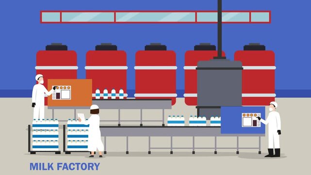 Milk Factory Production Line with Workers and Automated Conveyor Belt cartoon animation