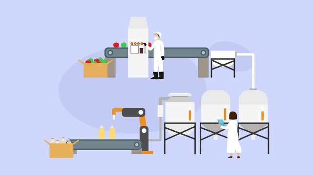 Automated Juice Production Line and Fruit Processing Factory Infographic cartoon animation
