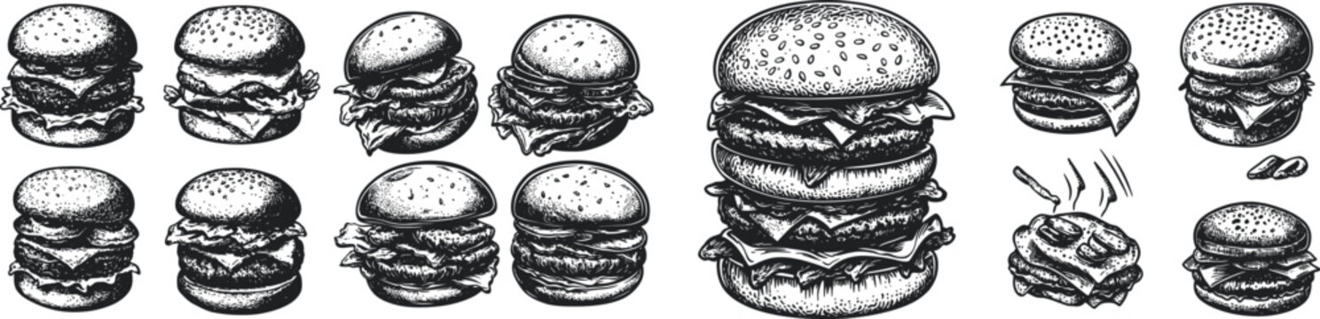 Collection of hand-drawn burger sketches with different layers and sizes