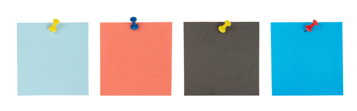 Blank sticky notes with a push pin on a transparent background.