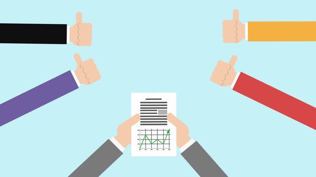Businessman Holding Growth Report Document with Team Giving Thumbs Up Approval cartoon animation