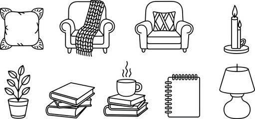 Fototapeta premium Collection of black and white line showing cozy living room like pillows, armchairs, candles, and books