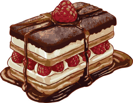  Vector illustration of a mille-feuille cake (Napoleon pastry), a layered raspberry with flaky puff pastry sheets, rich cream filling, fresh raspberry layers, cocoa powder dusting, and heavy chocolate