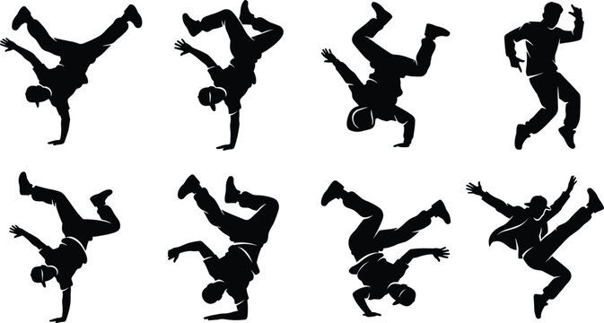 Breakdance Dancer Black Silhouette Pose Collection with Hip Hop Street Dance Vector Set