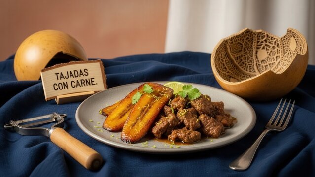 Gourmet Tajadas con Carne (Caramelized Plantains with Beef Stew), Warm Copy Space