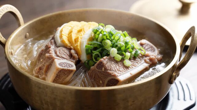 Hearty Korean Galbitang soup with beef short ribs and vegetables in a brass pot.