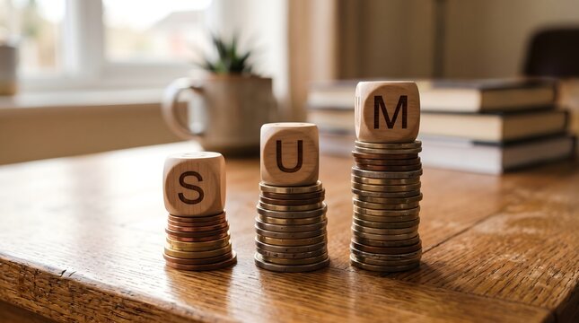 Wooden cubes spelling SUM on coin stacks. Financial growth concept with money and savings.