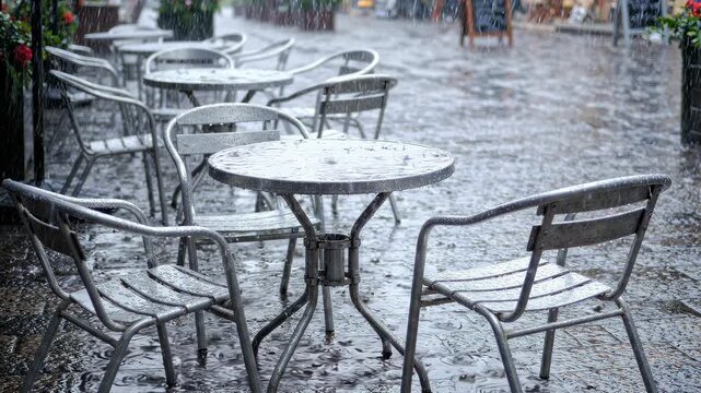 Empty Outdoor Cafe Tables and Chairs in Heavy Rain.