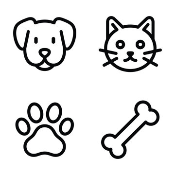 Pets and animal care icons set featuring dog cat paw print and bone line art illustration domestic illustration footprint training companion