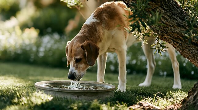 Older dog drinking water under a tree during extreme summer heat. Staying hydrated helps reduce the risk of dehydration and heat-related illness