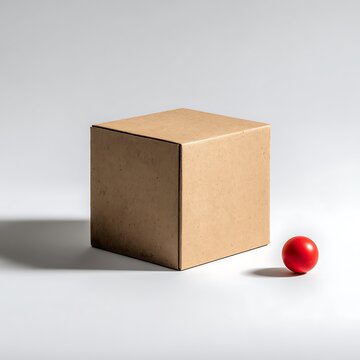 Minimalist cardboard box and red sphere on white background for unique creative thinking and business innovation