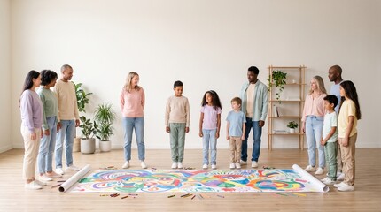 Obraz premium A diverse group of children and caring adults stands around a bright shared mural in an inclusive community art session.