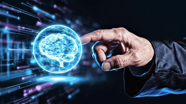 Senior hand interacting with AI brain globe icon in motion.