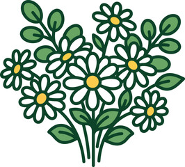 Fototapeta premium Beautiful hand drawn illustration of a fresh daisy flower bouquet with green leaves on white