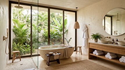 Obraz premium Luxurious Tropical Resort Bathroom Featuring A Natural Stone Bathtub And Floor To Ceiling Windows Overlooking A Lush Jungle Garden