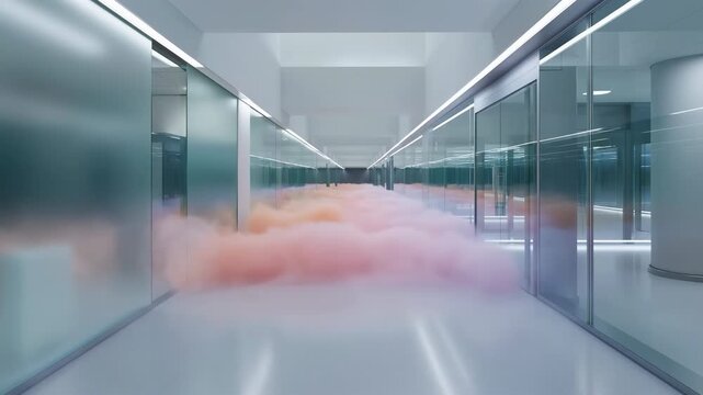 Symmetrical modern corridor with pastel pink and peach fog drifting between floor to ceiling glass partitions and brushed metal panels, with fog, corridor, glass, pink detail