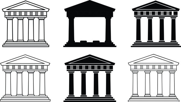 Set of six black and white temple featuring columns and pediments in different styles isolated on white background