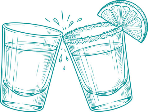 Two shot glasses with tequila and lime wedge clinking together
