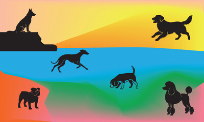 Fototapeta premium Dog Silhouette Collection on Colorful Background Vector Illustration
