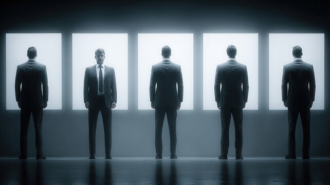 Business concept silhouette man suit light panel corporate choice future workplace decision mystery identity