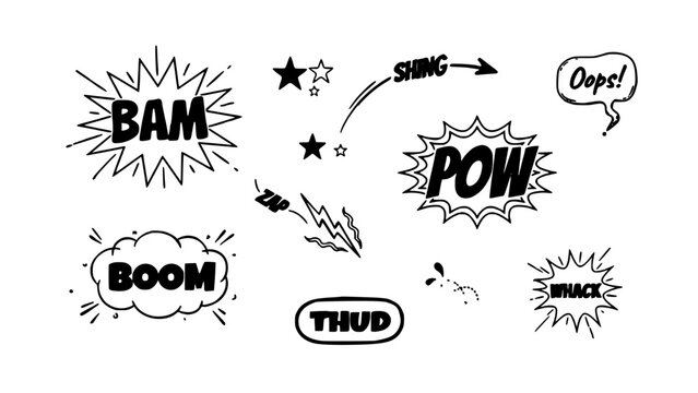 Comic Sound Effects with Stars and Speech Bubble Featuring Bam, Boom, Pow with Thud and Whack Elements for Oops, Shing Projects