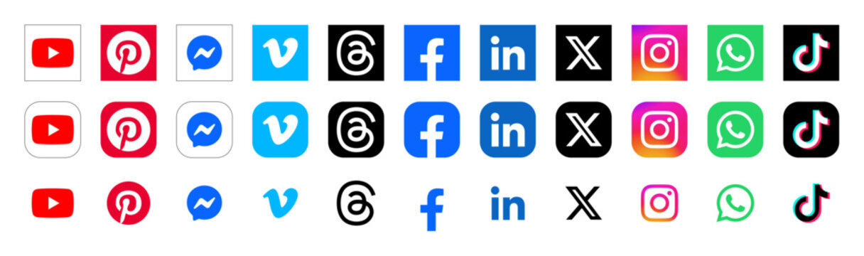 Social media icon logo vector set. Instagram, X, facebook, tiktok, threads app. Popular social media icons button fit for web, mobile app