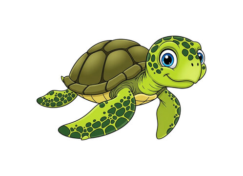 Cute cartoon sea turtle swimming underwater with blue eyes and green shell pattern