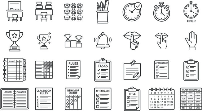 Minimalist Classroom Management and School Rules Line Icon Set with Clipboard, Trophy, Desk Layout, Timer, Attendance Sheet, and Behavior Chart