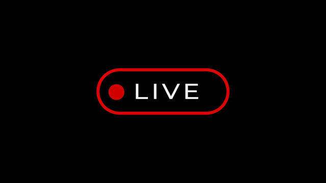 Bold of a rounded rectangle button with a red dot and the word LIVE in white text on a black background, signifying a live broadcast or active streaming session