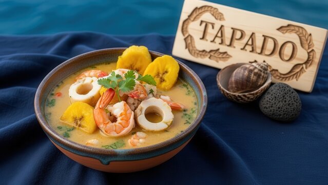 Gourmet Tapado (Seafood and Plantain in Coconut Broth), Ocean Blue Copy Space