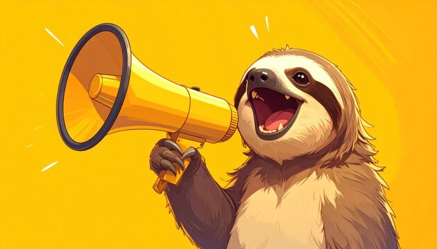 Cartoon sloth shouts loudly into a gold megaphone against a bright yellow background