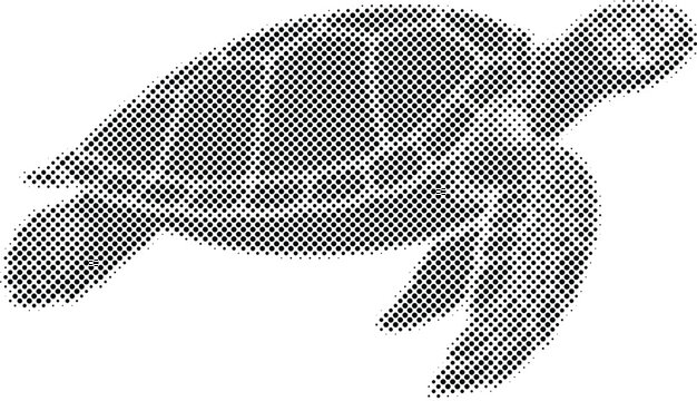 Black and white halftone pattern of a sea turtle swimming underwater in ocean.