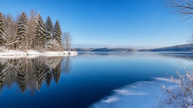 Mostly calm winter river, surrounded by trees covered with hoarfrost and snow.

