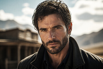 Fototapeta premium A rugged man with dark, curly hair looks intensely at the camera outdoors in a mountainous setting.