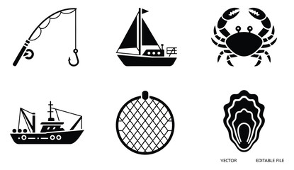 Fishing Icons Set Featuring Boat, Fishing Rod, Crab, Fish, Net, Anchor, Hook, Shell, Float, And Tackle, Clean Flat Vector Illustration Isolated On White Background For Outdoor Recreation And Marine Th © Kh