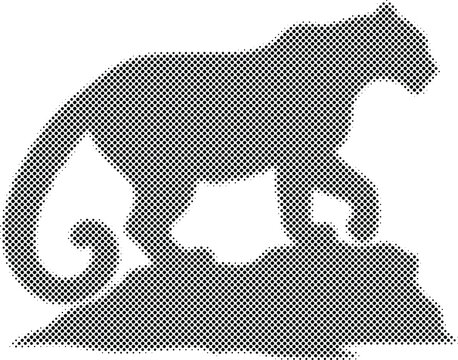 Black and white halftone print of a cheetah on rock, elegant feline with dotted pattern.