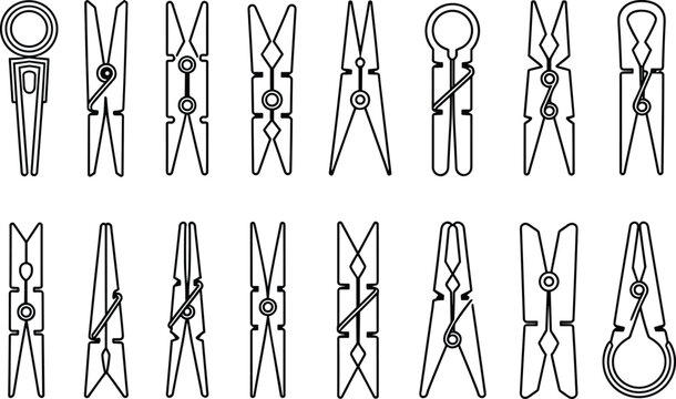 Collection of various clothes peg featuring different spring mechanisms and shapes in a black and white line style