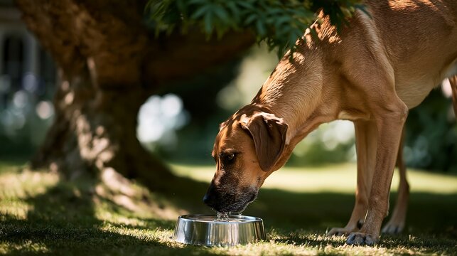 Senior dog drinking fresh water in garden shade during a heatwave. Hydration helps protect aging pets from dehydration and heat stress